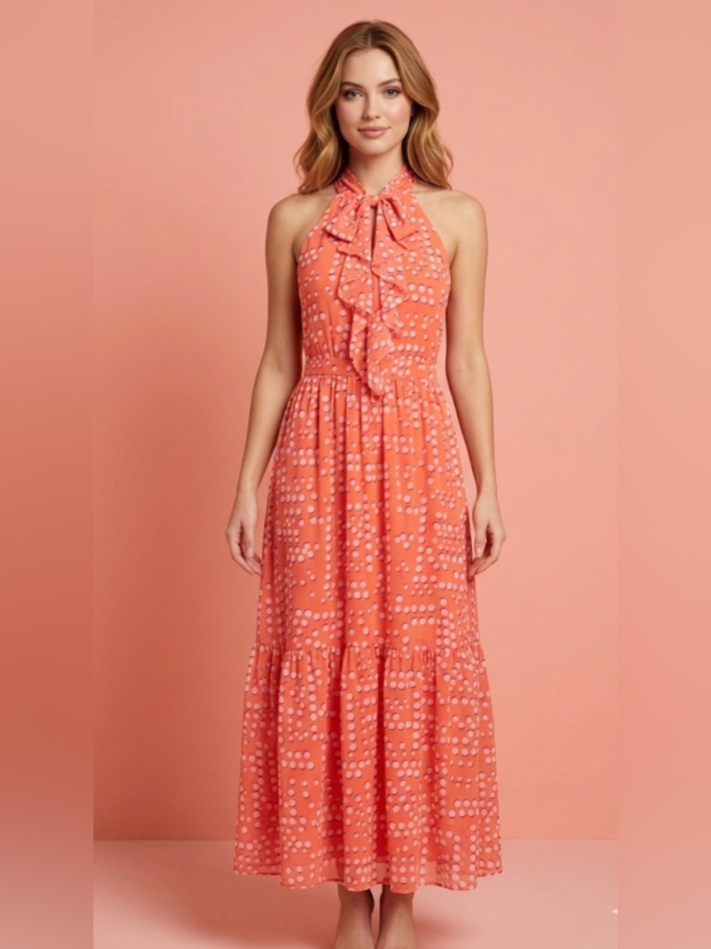 Karl Lagerfeld Coral and White Polka Dot Halter Maxi Dress Women’s size 2 NWT